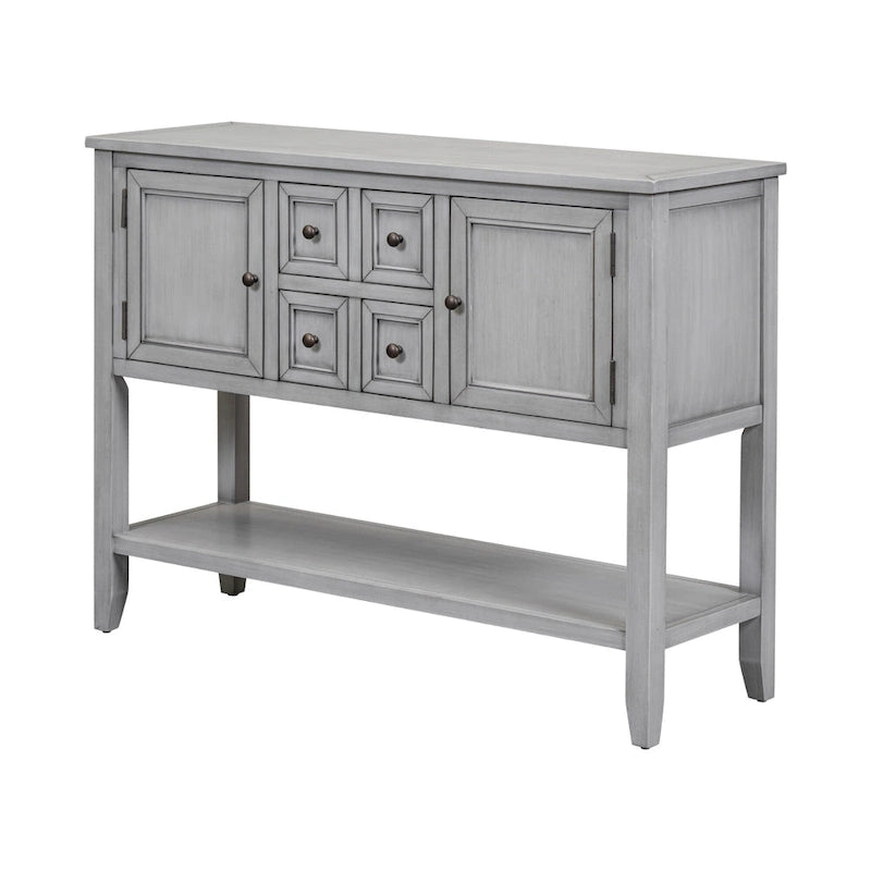 Console en bois massif de couleur gris antique/blanc cassé/expresso/bleu marine antique/bleu rétro/blanc/bleu foncé avec 4 tiroirs, 2 armoires et une étagère inférieure – Unité individuelle