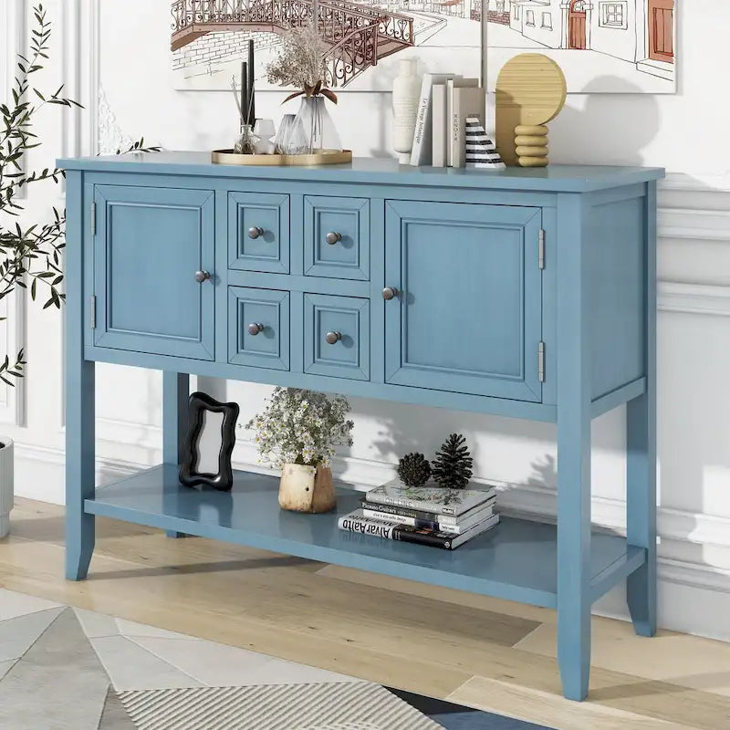 Console en bois massif de couleur gris antique/blanc cassé/expresso/bleu marine antique/bleu rétro/blanc/bleu foncé avec 4 tiroirs, 2 armoires et une étagère inférieure – Unité individuelle