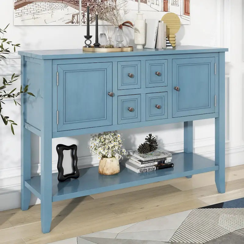 Console en bois massif de couleur gris antique/blanc cassé/expresso/bleu marine antique/bleu rétro/blanc/bleu foncé avec 4 tiroirs, 2 armoires et une étagère inférieure – Unité individuelle