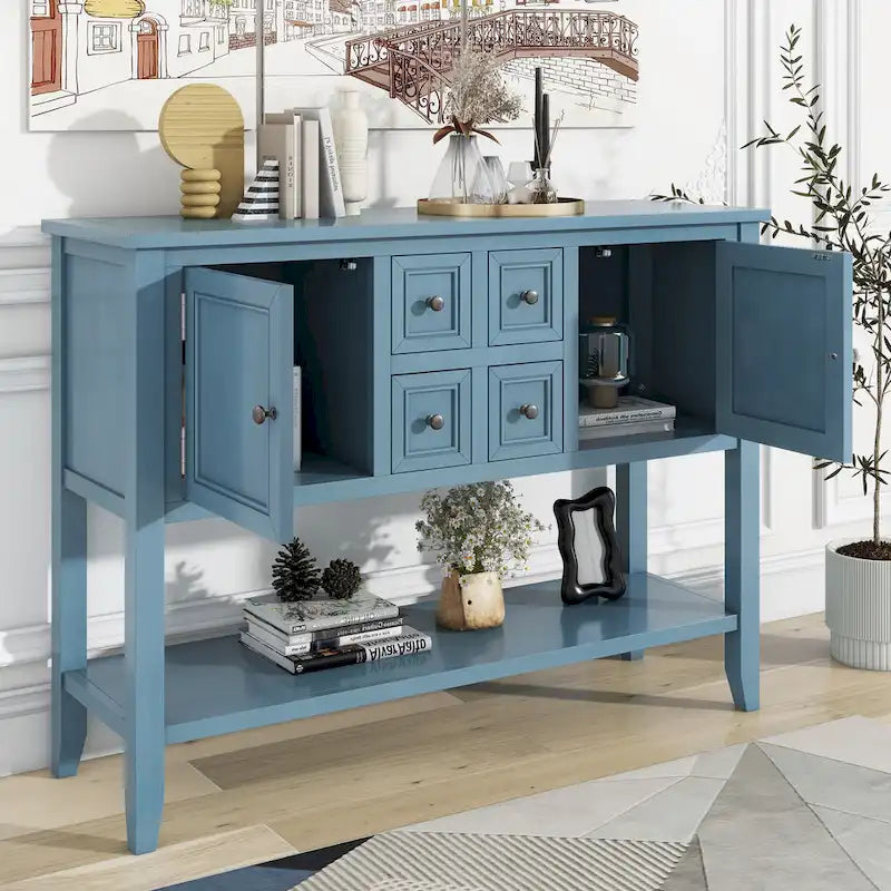 Console en bois massif de couleur gris antique/blanc cassé/expresso/bleu marine antique/bleu rétro/blanc/bleu foncé avec 4 tiroirs, 2 armoires et une étagère inférieure – Unité individuelle