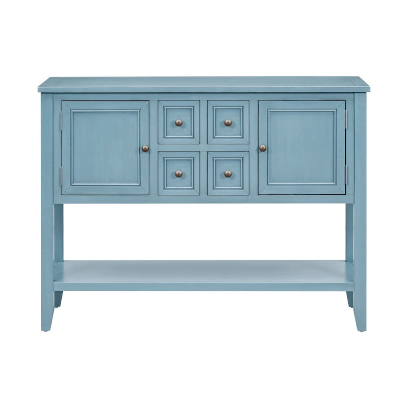 Console en bois massif de couleur gris antique/blanc cassé/expresso/bleu marine antique/bleu rétro/blanc/bleu foncé avec 4 tiroirs, 2 armoires et une étagère inférieure – Unité individuelle