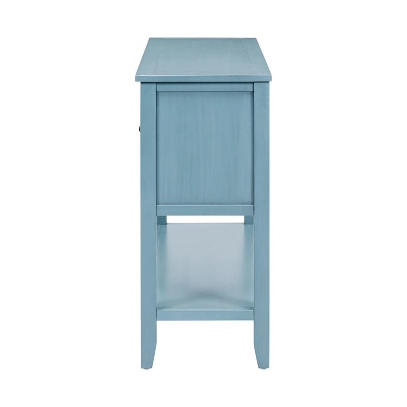 Console en bois massif de couleur gris antique/blanc cassé/expresso/bleu marine antique/bleu rétro/blanc/bleu foncé avec 4 tiroirs, 2 armoires et une étagère inférieure – Unité individuelle