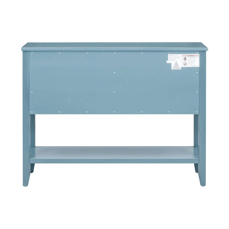 Console en bois massif de couleur gris antique/blanc cassé/expresso/bleu marine antique/bleu rétro/blanc/bleu foncé avec 4 tiroirs, 2 armoires et une étagère inférieure – Unité individuelle