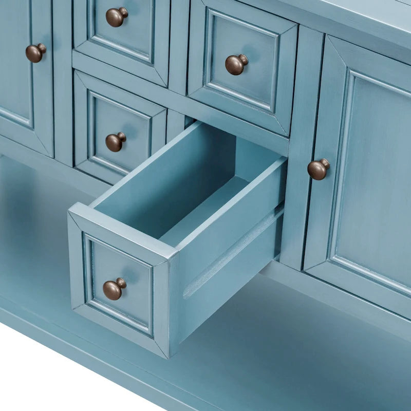 Console en bois massif de couleur gris antique/blanc cassé/expresso/bleu marine antique/bleu rétro/blanc/bleu foncé avec 4 tiroirs, 2 armoires et une étagère inférieure – Unité individuelle