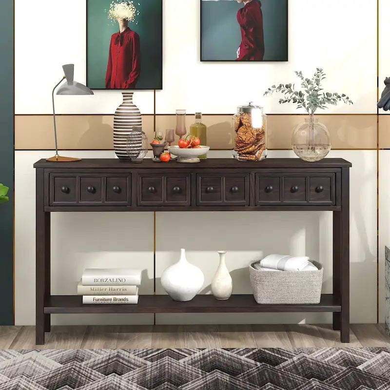 Console rustique expresso avec 4 tiroirs et étagère inférieure – 60 po, une seule unité