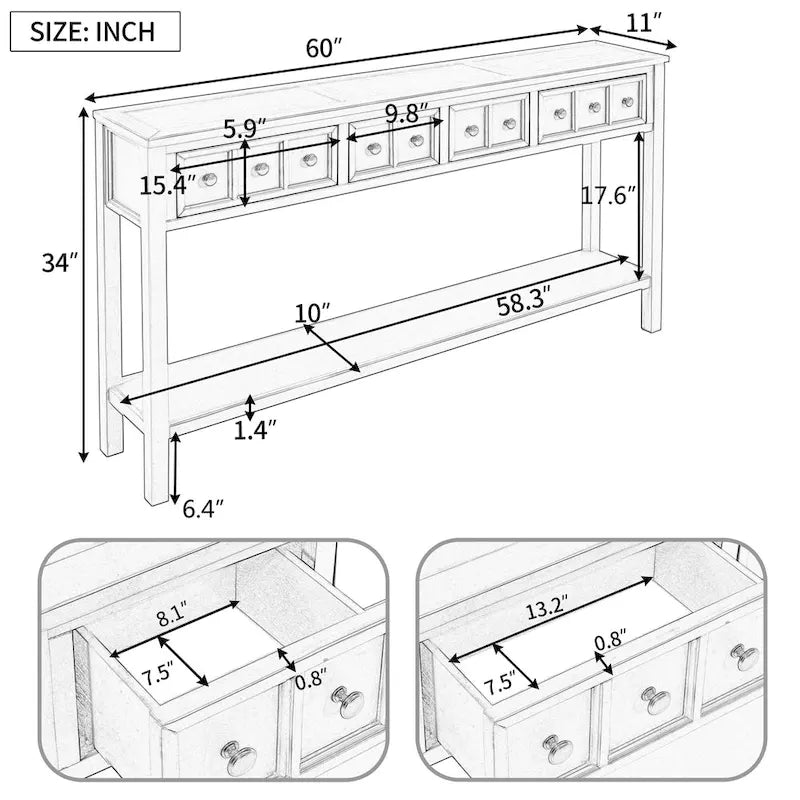 Console rustique expresso avec 4 tiroirs et étagère inférieure – 60 po, une seule unité