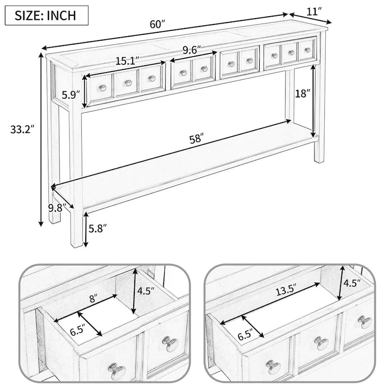 Console rustique expresso avec 4 tiroirs et étagère inférieure – 60 po, une seule unité
