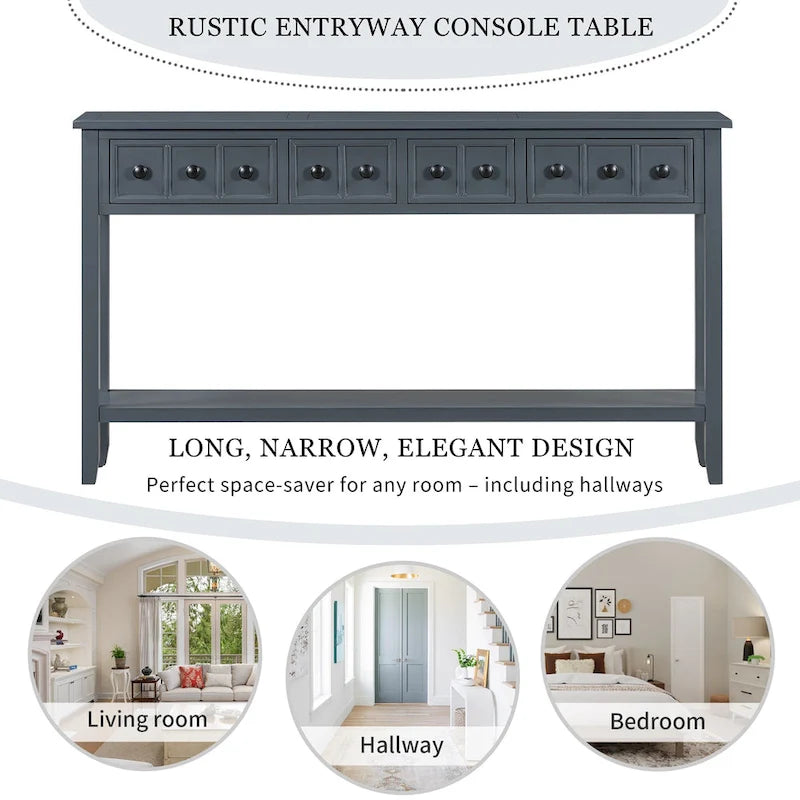Console rustique expresso avec 4 tiroirs et étagère inférieure – 60 po, une seule unité