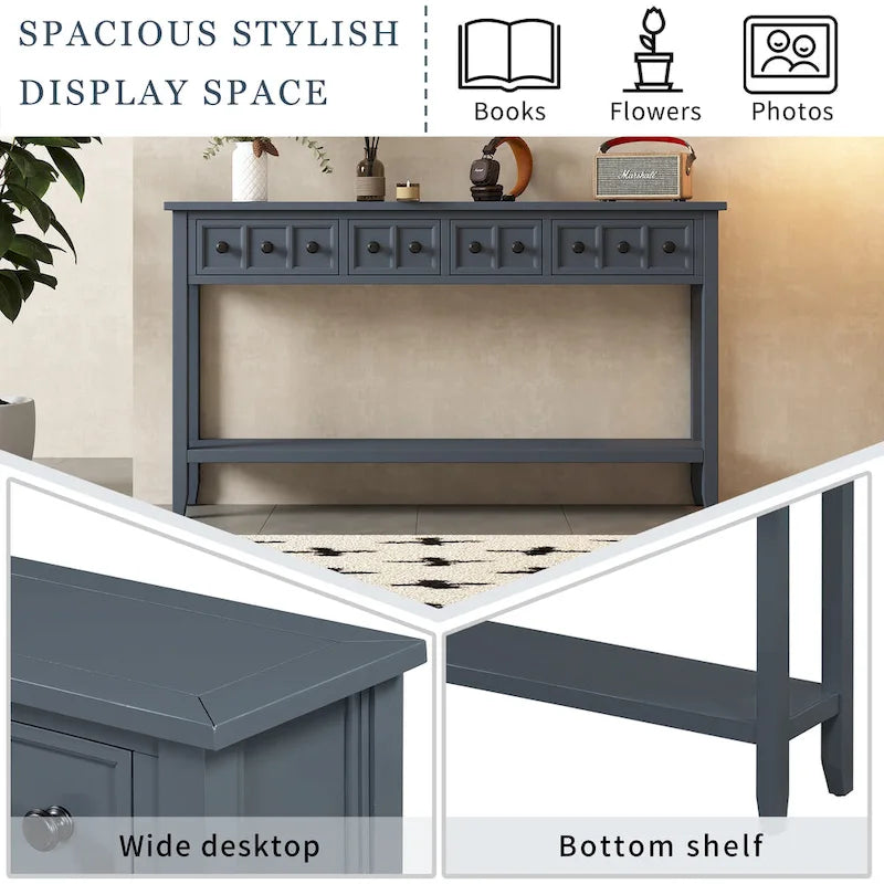 Console rustique expresso avec 4 tiroirs et étagère inférieure – 60 po, une seule unité