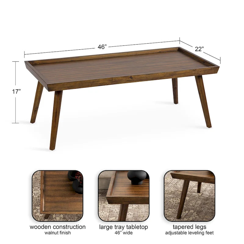 Table basse rectangulaire en bois noyer – Style mid-century, pour 1 à 2 personnes