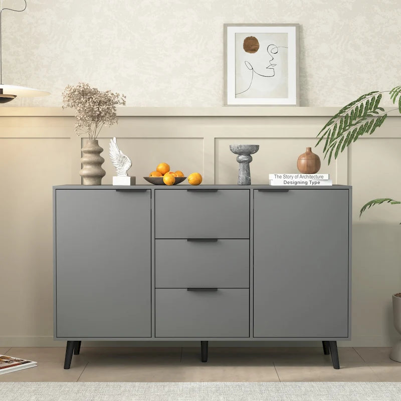 Buffet en bois naturel / gris avec tiroirs et portes – 120 cm, unité individuelle