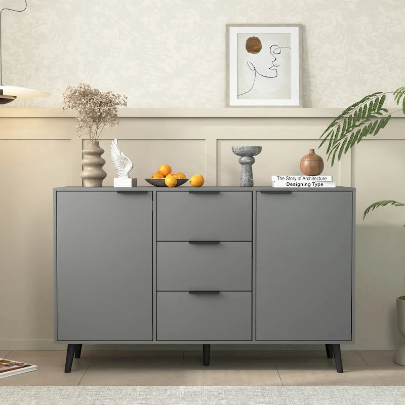 Buffet en bois naturel / gris avec tiroirs et portes – 120 cm, unité individuelle