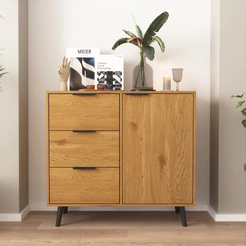 Buffet en bois naturel / gris avec tiroirs et portes – 120 cm, unité individuelle