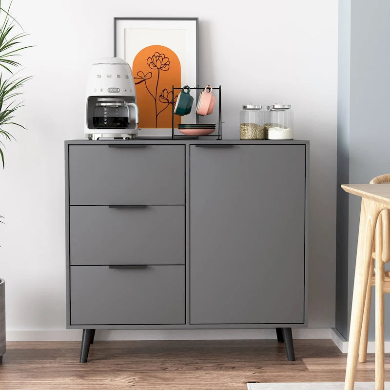 Buffet en bois naturel / gris avec tiroirs et portes – 120 cm, unité individuelle