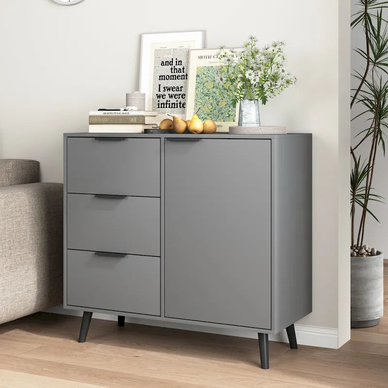 Buffet en bois naturel / gris avec tiroirs et portes – 120 cm, unité individuelle