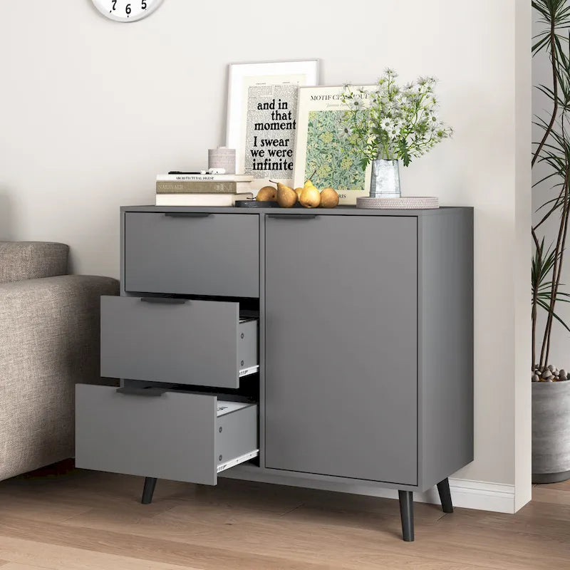 Buffet en bois naturel / gris avec tiroirs et portes – 120 cm, unité individuelle