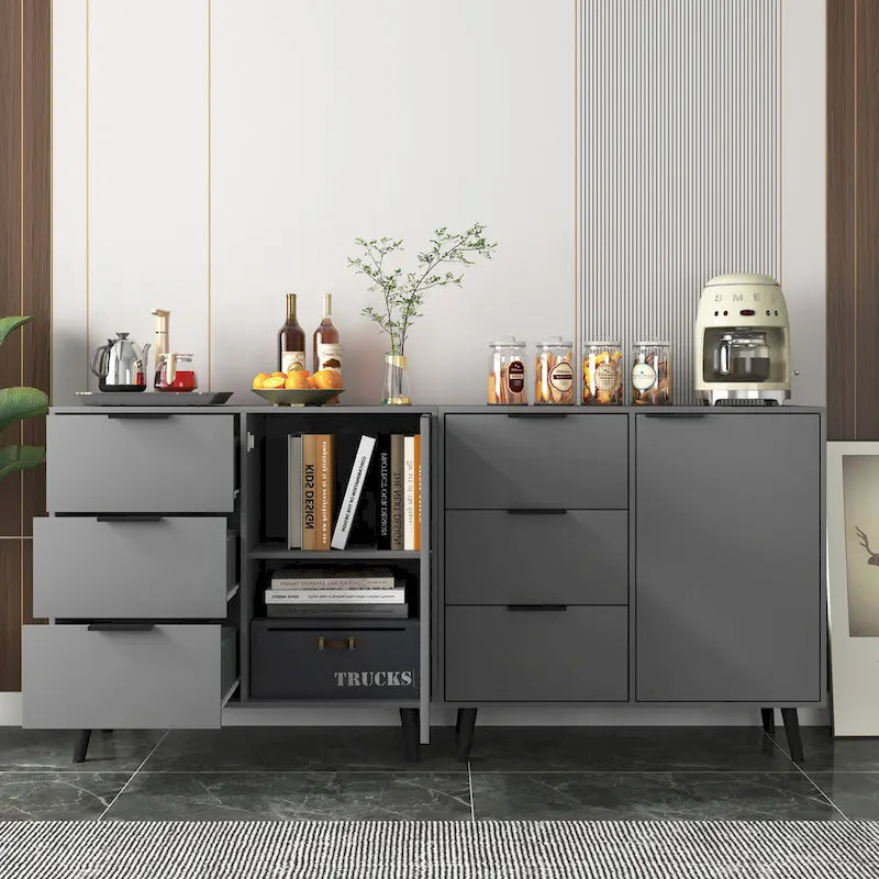 Buffet en bois naturel / gris avec tiroirs et portes – 120 cm, unité individuelle