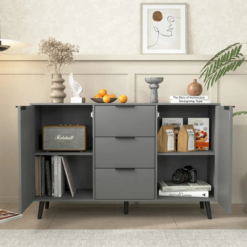 Buffet en bois naturel / gris avec tiroirs et portes – 120 cm, unité individuelle