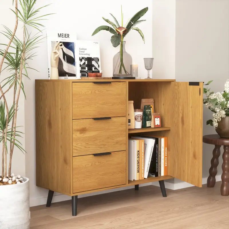 Buffet en bois naturel / gris avec tiroirs et portes – 120 cm, unité individuelle
