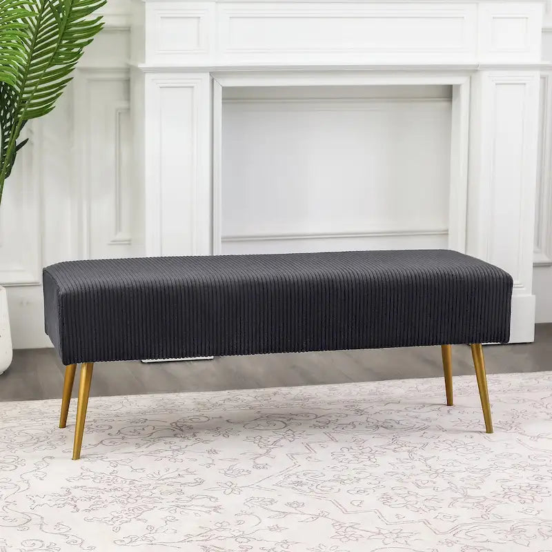 Banc en velours rayé gris foncé et crème avec pieds dorés – Style glamour, 2 places