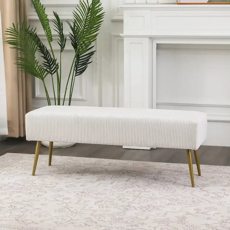 Banc en velours rayé gris foncé et crème avec pieds dorés – Style glamour, 2 places