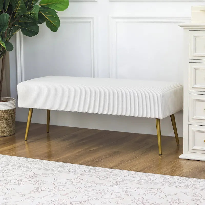 Banc en velours rayé gris foncé et crème avec pieds dorés – Style glamour, 2 places