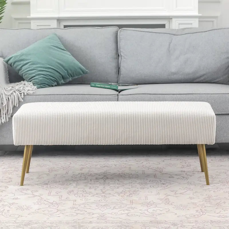 Banc en velours rayé gris foncé et crème avec pieds dorés – Style glamour, 2 places