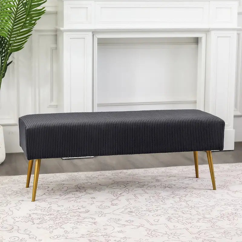 Banc en velours rayé gris foncé et crème avec pieds dorés – Style glamour, 2 places