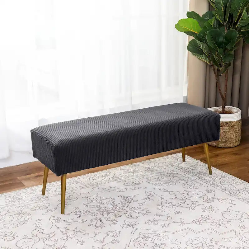 Banc en velours rayé gris foncé et crème avec pieds dorés – Style glamour, 2 places