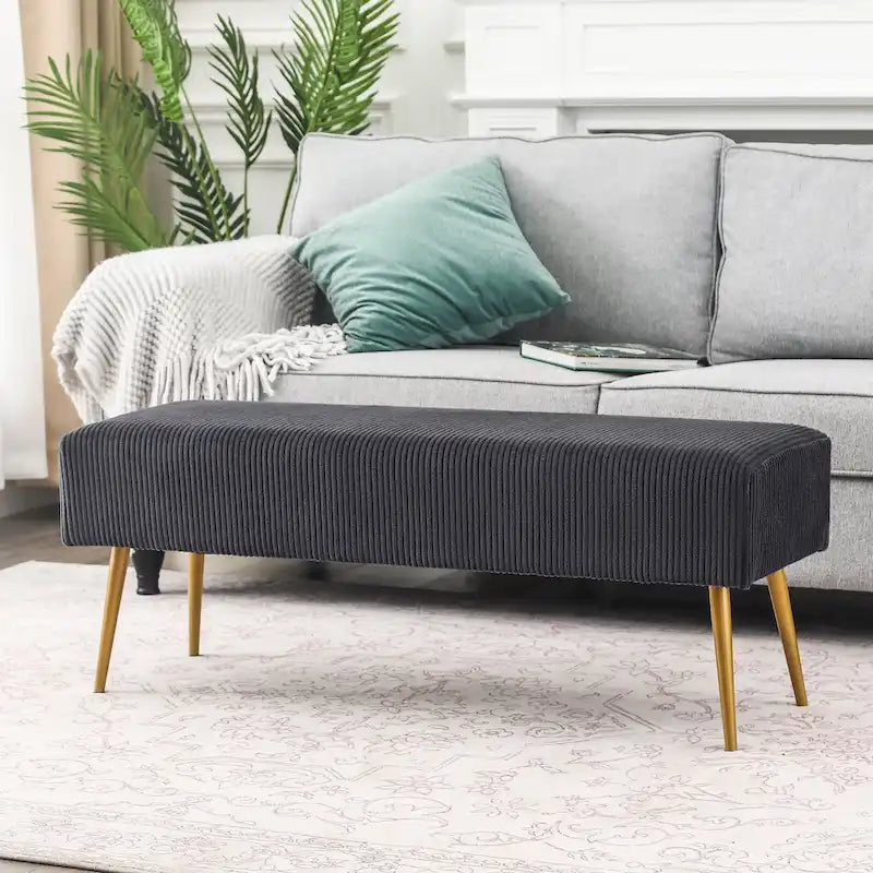 Banc en velours rayé gris foncé et crème avec pieds dorés – Style glamour, 2 places