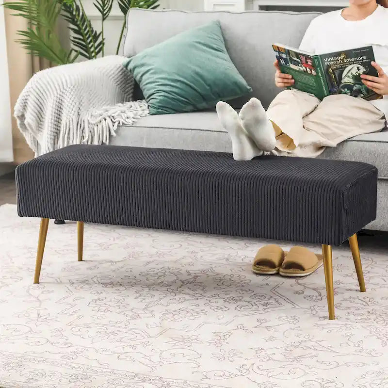 Banc en velours rayé gris foncé et crème avec pieds dorés – Style glamour, 2 places